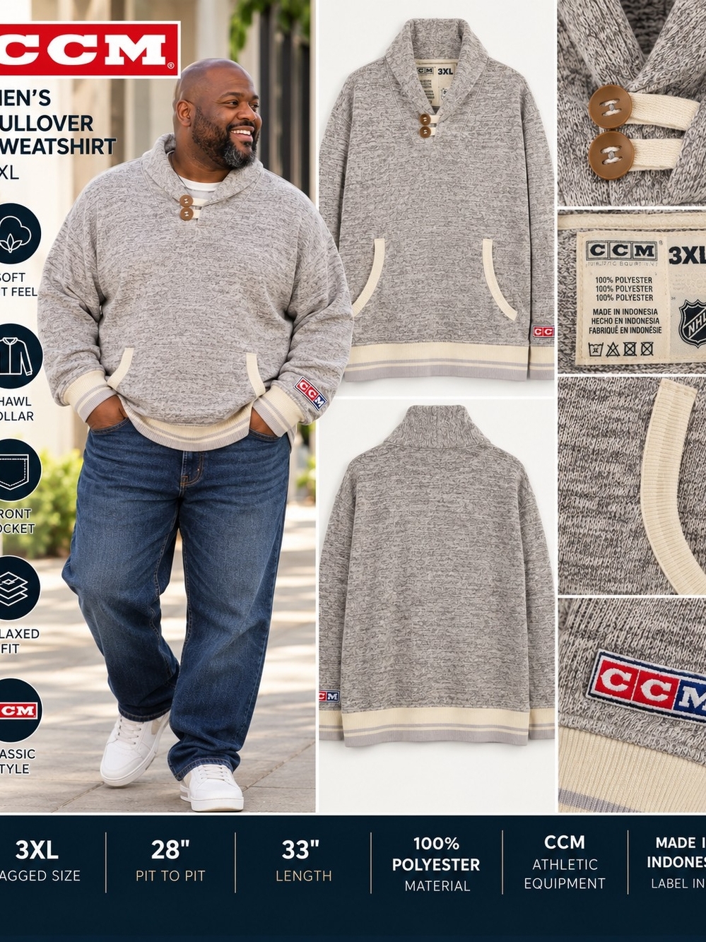CCM 3XL Gray Shawl Collar Pullover Sweater Athletic Equipment